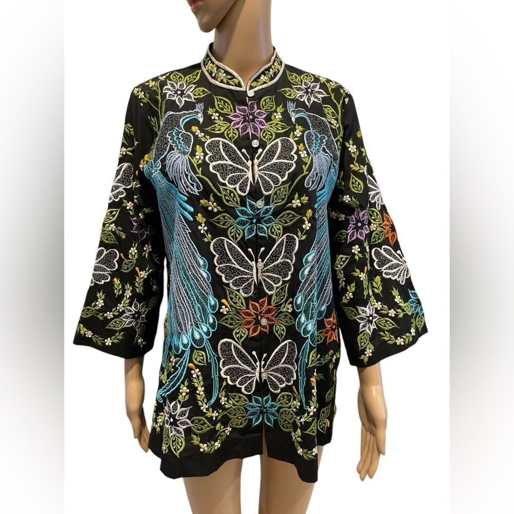 The Emporium Embroidered Black Top with Multicolor Design size L